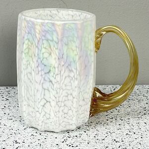 Hand‎ Blown Artisan White Iridescent Art Glass Mug 18oz Handmade